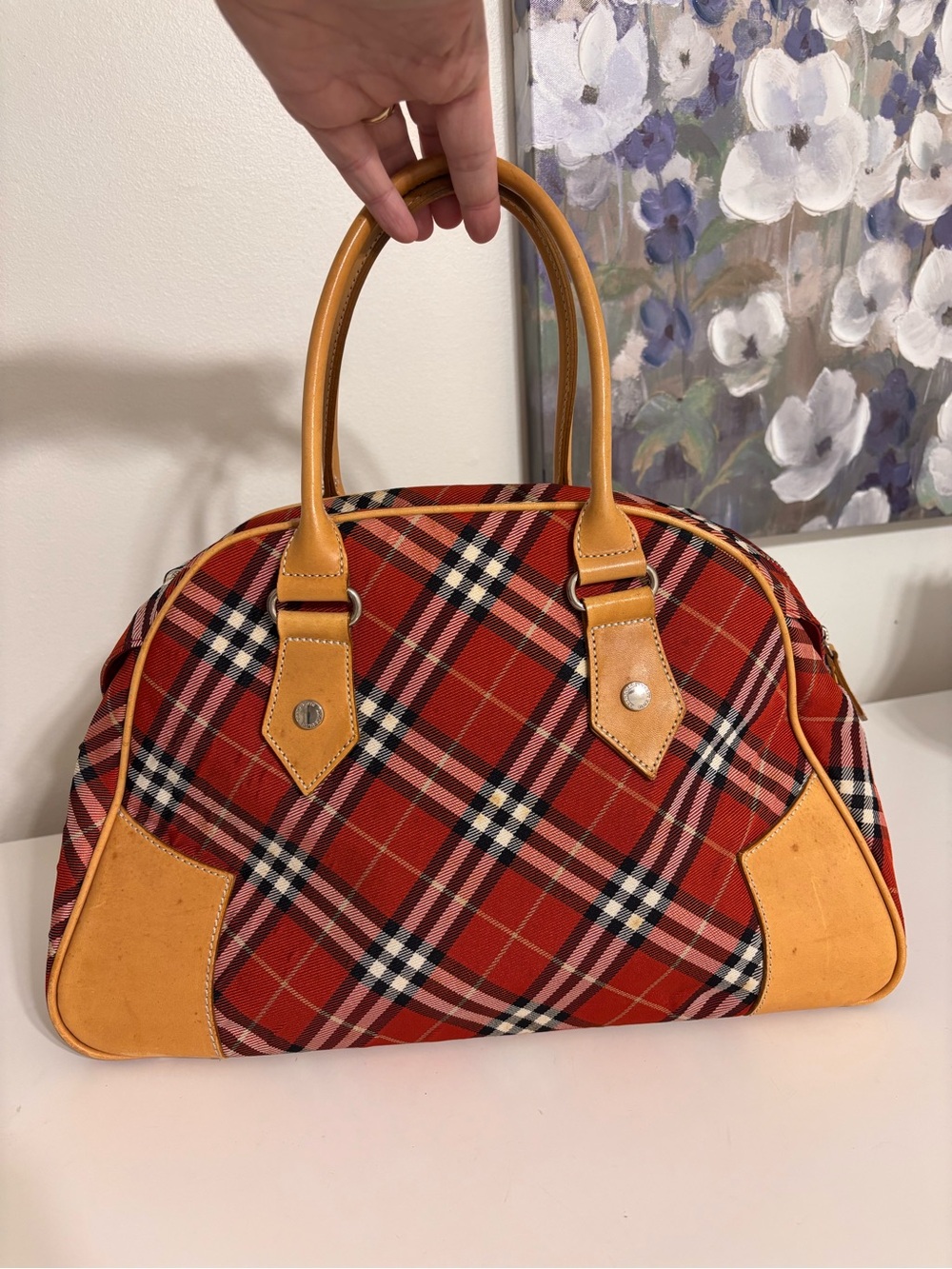 Vintage Burberry Blue label nova red plaid Boston Bowling Bag canvas leather